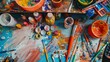 © Cloudyew - A messy table with many art supplies including paint, brushes, and a cup. The table is covered in paint and has a lot of different colors. Scene is chaotic and creative