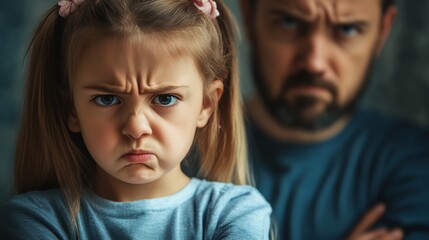 A frustrated Caucasian girl frowns with crossed arms, while an angry man looms behind her.