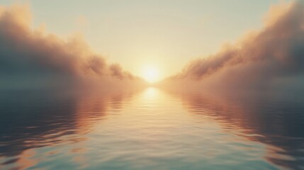 Wall Mural - golden sunset reflected in calm water with clouds