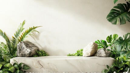 Aufkleber - Nature inspired marble stone podium backdrop mockup template featuring creative design ideas enhanced by greenery and leafy decorations