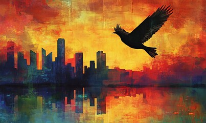 A soaring bird over a vibrant skyline at sunset, symbolizing freedom and hope in an urban landscape