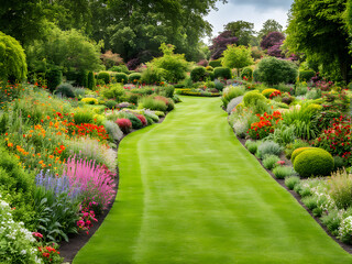 Scenic view of a lush green grass lawn path through an attractive English style landscape garden with leafy plants and colourful flowers