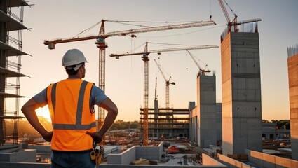 Civil engineer and safety officer inspection construction worker teamwork election steel truss in construction site