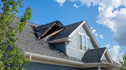 A house with a torn roof and broken shingles after a severe storm.