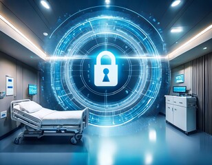 A hospital room with a bed, medical equipment, and a large digital lock symbol, representing cybersecurity in healthcare