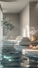 Wall Mural - A spa with a pool and a stone wall. The pool is filled with water and has a few candles floating on it. The candles are lit and create a relaxing atmosphere