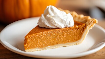 A slice of pumpkin pie with whipped cream on a white plate