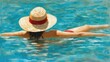 © Johnathan - Attractive Woman Relaxing in a Pool Wearing a Bathing Suit and Hat Generative AI