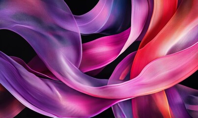 Wall Mural - Vibrant ink ribbons swirl in shades of purple and pink on a smooth matte black background, creating a striking visual contrast