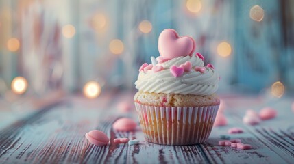 A cupcake with icing hearts and space for your sweet love message