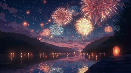 An anime-style scene of a summer night sky filled with spectacular, breathtaking fireworks in vibrant colors like pink, blue, and gold. generative ai