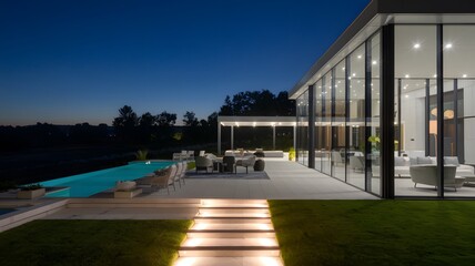 a luxury modern house at night with a pool.