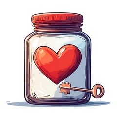 Wall Mural - Cartoon heart in a jar with a key next to it on a white background.