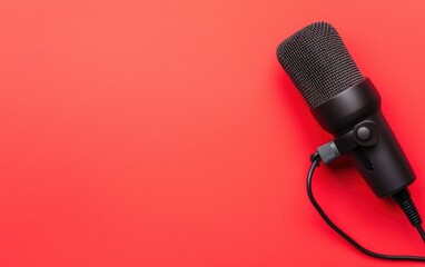 Black microphone with trailing cord on solid red backdrop, minimalist audio and broadcasting theme, clean and modern