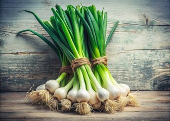 Vintage Style Photography of Symmetrical Green Japanese Bunching Onion on White Background - Fresh, Organic, Culinary Ingredient, Natural Beauty