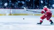 © Jakkarin - Intense Ice Hockey Action: Player Shooting Puck with Dramatic Lighting and Reflections on Ice Rink - Winter Sports Competition