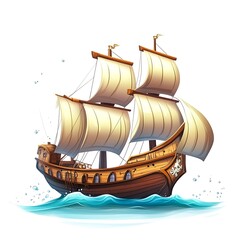 Wall Mural - A cartoon pirate ship sailing the seas on a white background.