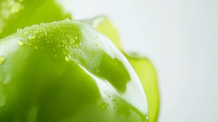 Wall Mural - Close-up of a green bell pepper with water droplets, isolated on white background.