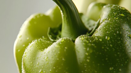 Wall Mural - Close-up of a green bell pepper with water droplets.