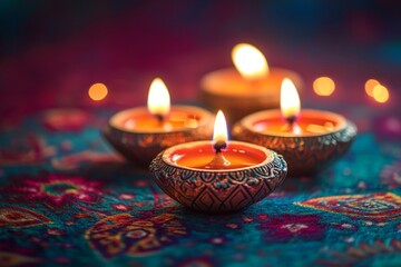 A group of candles are lit in small bowls on a blue cloth. The candles are lit in a row, with the middle candle being the tallest. The candles are lit in a way that creates a warm