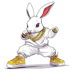 Wall Mural - Cartoon rabbit breakdancing with gold chains and sneakers on a white background.