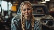 © Jasper - blond yound woman with braided ponytail, working as a car mechanic, sitting in front of a old car in a car repair shop, wearing a dirty worker outfit