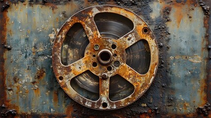 5. Close-up of a film reel with slight rust, photographed in the warm, textured style of an old camera