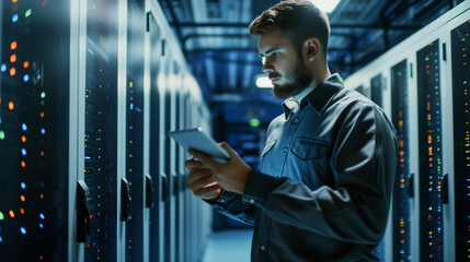 Data center security room with engineer control internet connection server.
