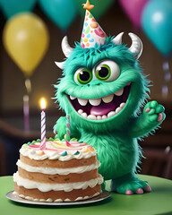 Wall Mural - Funny little green monster celebrating his birthday, design, celebration, meeting, party, advertising.