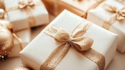 Poster - Elegant Gold and White Christmas Present with Glittering Ribbon : Generative AI
