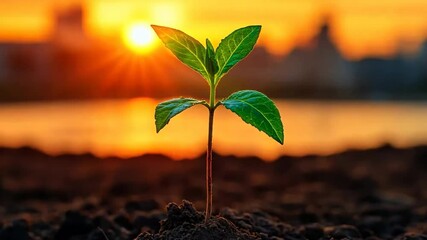 Wall Mural - A small plant is growing in the dirt next to a body of water. The sun is setting in the background, casting a warm glow over the scene. Concept of growth and renewal