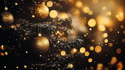 Aufkleber - Festive Golden Baubles in Bokeh Light on Christmas Tree Night Scene : Generative AI