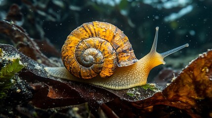 A close-up of a snail with a brown and yellow shell crawling on a brown seaweed in a shallow pool of water.