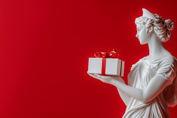 Wall Mural - Statue of Greek goddess holding Christmas gift on red background. New Year presents. A woman with a gift box in her hands. 