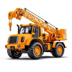 A photostock of a construction crane on a white background, industrial and powerful.