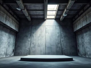 Modern concrete room with rectangular light shaft opening in ceiling, podium platform on rough floor, industrial background, platform, podium