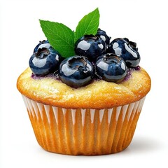 A photostock of a freshly baked blueberry muffin on a white background, sweet and homemade.