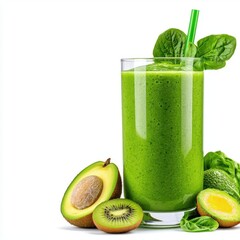 A photostock of a green detox smoothie in a glass on a white background, healthy and refreshing.