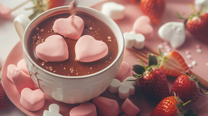 Indulge in delightful chocolate fondue experience, featuring fresh strawberries and heart shaped marshmallows, perfect for romantic treat