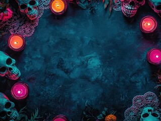 A dark, atmospheric arrangement featuring colorful candles and decorative skulls, perfect for celebrating Día de los Muertos or Halloween.