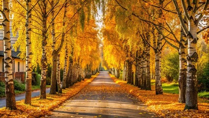  Serene autumn street lined with birch trees and fallen leaves , Autumn, street, birch trees, fallen leaves, seasonal, beauty