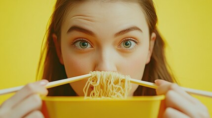 A person holding chopsticks above a steaming hot bowl of noodles, ready to eat