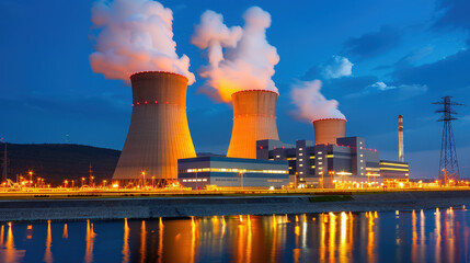 Sticker - Energy production facility at dusk with illuminated cooling towers and steam rising. scene reflects industrial power generation and technological advancement