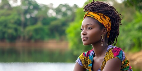 Ghanaian Young Woman with a Serene Expression Sitting by a Tranquil Lake Surrounded by Nature