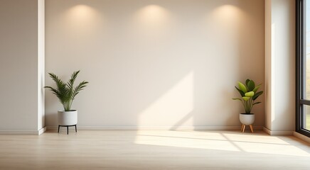 Minimalist room interior with a white wall, wooden floor, and two potted plants.