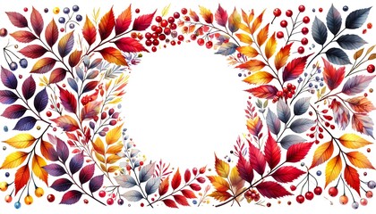 Bright, highly artistic photorealistic autumn leaves in warm colors, with detailed acorns and berries framing a spacious white background, creating an elegant and inviting seasonal frame with a wide, 