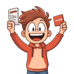 Cartoon person holding a ticket and passport with excitement on a white background.