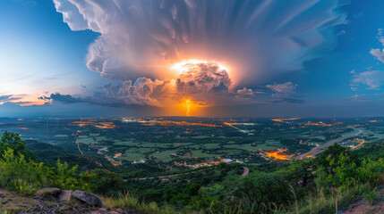 breathtaking view of powerful lightning storm illuminating dark sky, showcasing dramatic cloud formations and vibrant colors over landscape. scene captures awe inspiring beauty of natures fury