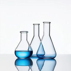 Three erlenmeyer laboratory flasks with blue liquid against a white background.  