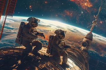 Wall Mural - two astronauts on a space station looking down at earth